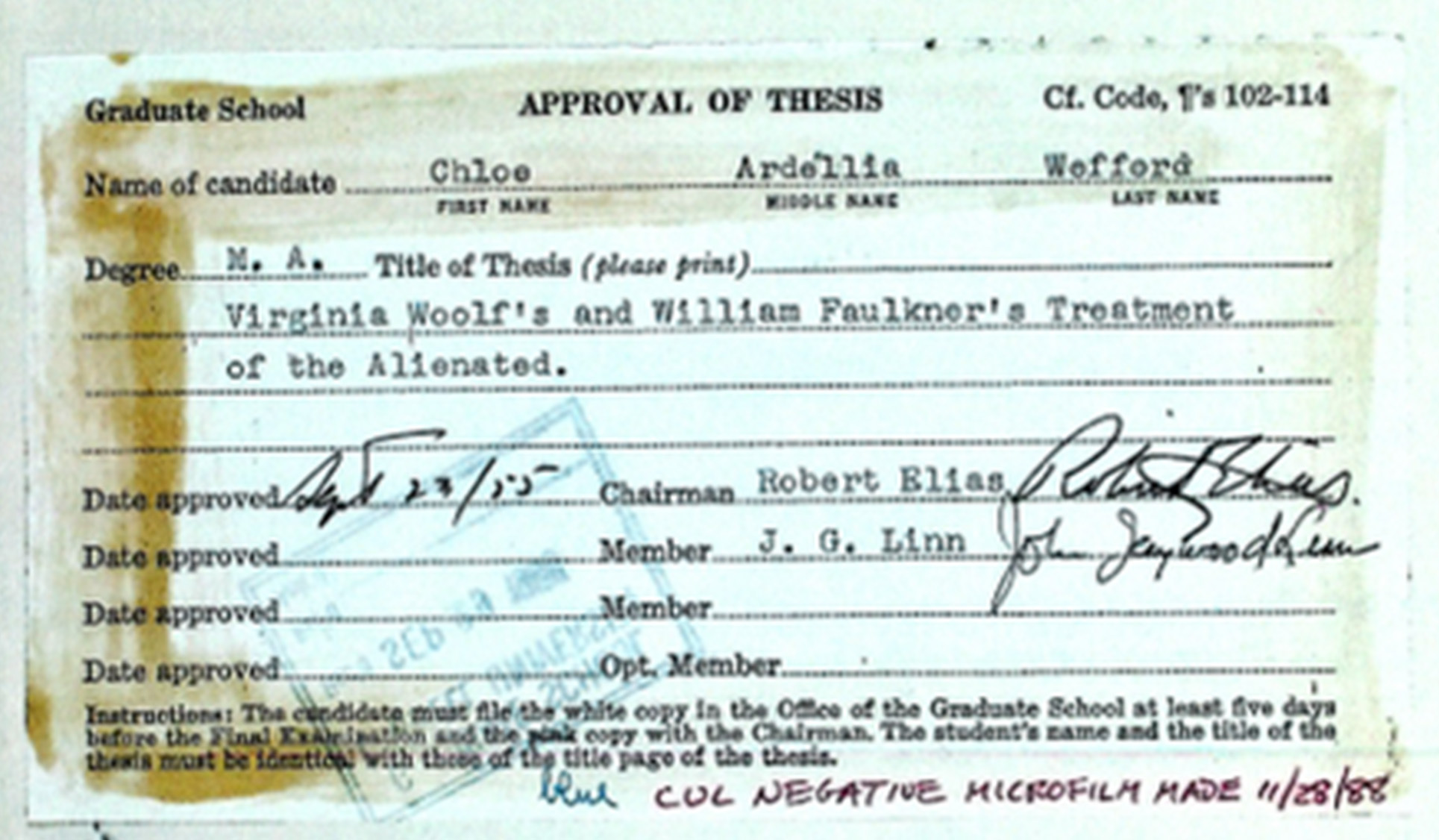 Toni Morrison's 1955 Cornell Master’s Approval of Thesis